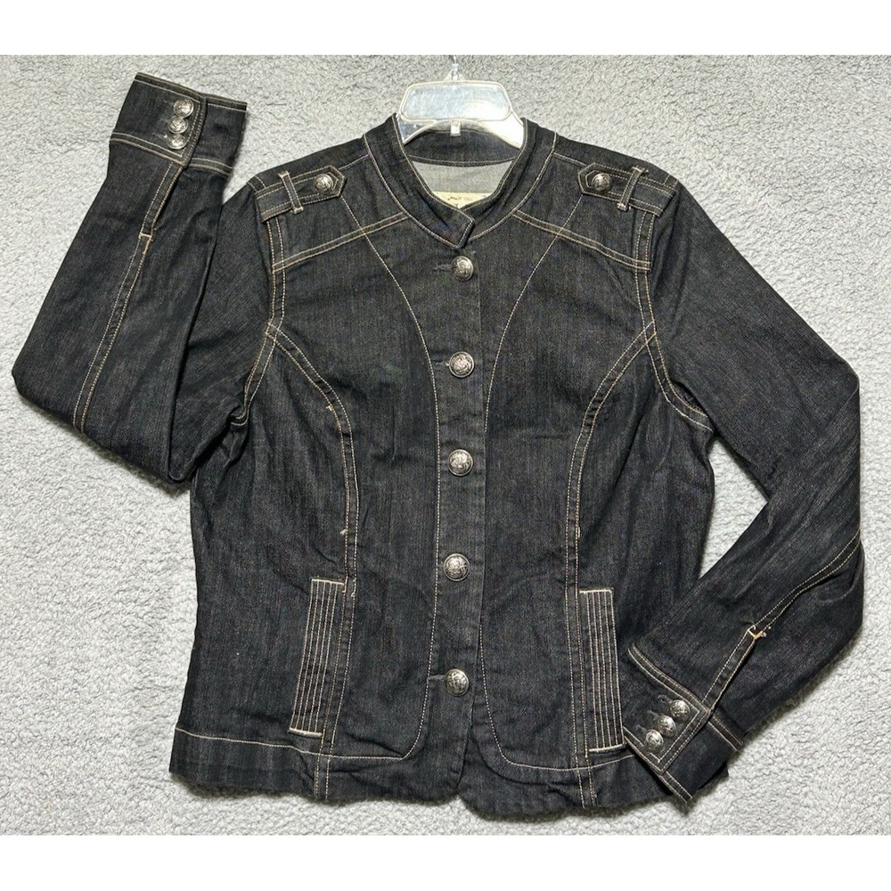 Vintage Old Navy Dark Indigo Denim Military Style Jean Jacket Womens Sz XL‎